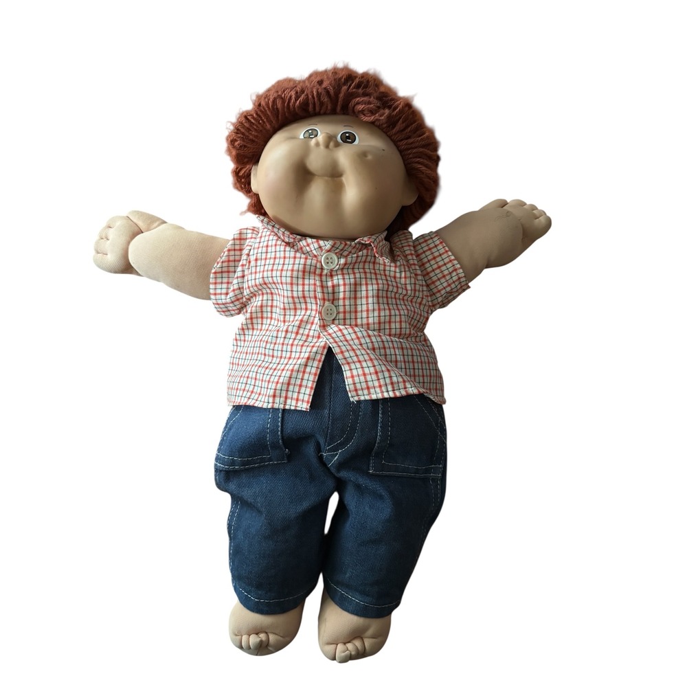 Vintage 1982 Cabbage Patch Kids Boy Doll Red Yarn Hair Plaid Shirt Denim Jeans